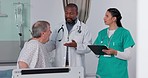 Doctor, nurse and patient in discussion in hospital got medical diagnosis or treatment plan. Clipboard, consultation and team of healthcare workers talking to a senior man with checklist in a clinic.