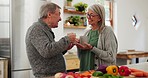 Kitchen coffee cup, senior happy couple and talking about cooking vegetables, food or organic recipe ingredients. Home conversation, bonding and old man, elderly woman or marriage people drinking tea