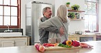 Kitchen, happy senior couple and dancing partner having fun, excited and smile for home romance, anniversary or support. Dancer, love or elderly woman, old man or marriage people bonding in apartment