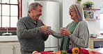 Kitchen coffee, senior happy couple and talking about love, morning wellness or cooking vegetable food. Home conversation, bond and old man, elderly woman or marriage people with retirement tea drink