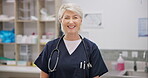 Vet, happiness and mature woman confident in medical career, animal clinic pride or healthcare support work. Nursing trust, portrait and professional veterinarian for veterinary care, help or service