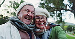 Face selfie, kiss and senior happy couple bond together, care and memory photo of old woman, man or marriage people. Affection, love portrait and elderly marriage partner with park profile picture