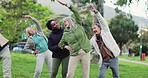 Yoga class, park and senior group with instructor exercise together in nature for health and wellness training. Peace, balance and elderly people outdoor workout or stretching for body fitness