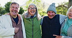 Nature hug, happy and senior friends bonding, support and community retirement club, team or people for wellness. Portrait, solidarity or elderly group smile, hugging and together for morning freedom