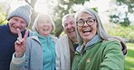 Peace sign selfie, face and senior happy friends bond together with reunion memory photo of old woman, man or club. Morning freedom, nature portrait or relax elderly group for winter profile picture