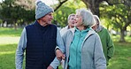 Nature, walk and senior couple of friends bond, support and travel together for retirement wellness. Hug, love and elderly man, old woman or people for outdoor care, freedom or morning journey