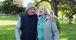 Nature walk, conversation and old couple hug, support and travel together for retirement wellness, fresh air or love. Embrace, talking and elderly man, senior woman or marriage people on park journey