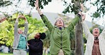 Yoga, park and senior people applause exercise success together in nature for health and wellness training. Peace, balance and elderly people celebrate outdoor workout or stretching for fitness 