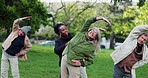 Yoga class, park and elderly people with instructor exercise together in nature for health and wellness training. Peace, balance and senior group outdoor workout or stretching for body fitness