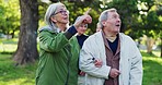 Park walk, communication and old couple point at nature view, forest trees and travel together for retirement wellness. Love, talk and elderly man, senior woman or marriage people on outdoor journey