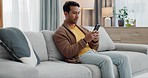 Home cellphone, relax and man typing communication, social network post or contact online user. Lounge couch, smartphone connection and person search internet, web and reading app info, data or blog