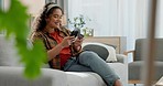 Happy woman, phone and credit card on sofa for online shopping, payment or banking in living room at home. Female person or shopper smile with debit and mobile smartphone for bank app or ecommerce