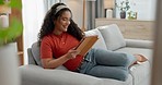 Home tablet, happiness or reading woman typing report, blog or research online shopping news, sales notification or announcement. Lounge sofa, app website or customer search omnichannel discount deal