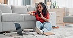 Happy woman, phone and credit card in living room for payment, online shopping or banking at home. Female person or shopper smile with debit and mobile smartphone for bank app or ecommerce at house