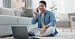 Phone call, laptop and Asian man on floor for remote work, working from home and freelance job. Network, communication and person on computer for planning, online conversation and discussion in house