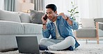 Phone call, laptop and man on floor for remote work, working from home and freelance job. Networking, communication and person on computer for planning, online conversation and discussion in house