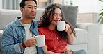 Asian couple, coffee and hug or drink with smile for relax, morning espresso or breakfast with satisfied face. Love, people or happiness with mug for energy, romance or break on floor in lounge