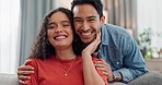 Love, happy and face of couple on sofa in living room for bonding, relationship and relax together. Dating, smile and portrait of man and woman hug on couch for care, trust and commitment in home