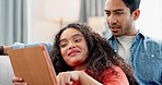 Tablet, relax and couple on a sofa smile, hug and bond with social media streaming at home. Digital, love and happy people in a living room with online shopping, search or sign up choice discussion