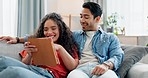 Relax, tablet and couple on a sofa laugh, hug and bond with social media streaming at home. Digital, love and happy people in a living room with online shopping, search or sign up choice discussion