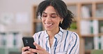 Business, happy and woman with a smartphone, digital app and online reading with email, typing and texting. Person, employee and consultant with a cellphone, mobile user and social media with contact