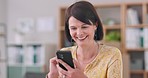 Employee, happy and woman with a cellphone, social media and online reading with mobile user, typing and sms. Person, entrepreneur and consultant with a smartphone, contact and digital app with sms