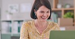 Woman, laptop or video conference for startup, office or discussion to plan, strategy or network. Corporate manager, virtual and conversation for company, feedback and analysis for sales, job or web