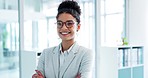 Face, business and woman with a smile, office and arms crossed with a career, consultant and entrepreneur. Portrait, person or employee with glasses, workplace or agent with ambition or administrator