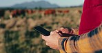 Hands, agriculture and man with a tablet, typing and connection with research, internet and sustainability. Person, farmer and guy with technology, email notification and contact with website info