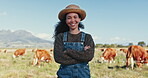 Farmer, face and woman with crossed arms in field with cow for agriculture, sustainability and milk industry with smile. Farm, person or countryside with livestock for meat, production and happiness