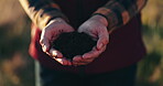 Farming, hands and checking soil or dirt of agriculture, fertilizer and natural nutrition for seeds. Farmer, closeup and eco friendly compost for growth, sustainability and agro in farming field