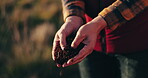 Farming, hands and checking soil in inspection of agriculture, fertilizer and natural nutrition for seed. Farmer, closeup and eco friendly compost for growth, sustainability and agro in farming field