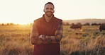 Face, countryside and man with arms crossed, farming and lens flare with a smile, environment and agriculture. Portrait, person or farmer with stock, sustainability and nature with happiness or field