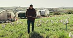 Chicken, farm and man on tablet in field for inspection, animal health and sustainable farming. Agriculture, countryside and farmer on digital tech for livestock for agro business, ecology or poultry