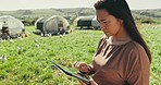 Thinking, sustainability and a woman with a tablet for farming, research and chicken information. Idea, nature and a female farmer reading from an agriculture website on technology for carbon capture