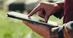 Person, farmer or hands on tablet for planning agriculture growth, harvest or poultry livestock research in nature. Closeup, technology or chicken farm worker in digital quality control or inspection