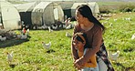 Chicken, farm and mother with girl in field for holiday, adventure and vacation in countryside. Agriculture, sustainable farming and happy mom hug child with livestock for poultry or agro business