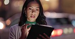Woman, tablet and typing at night for work, report and project update for deadline. Businesswoman, proposal and agenda on street, bokeh and working late in city, online research and email on tech