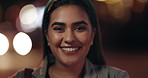 Face, smile and business woman in city at night, bokeh and working outdoor. Portrait, happy professional and corporate consultant, entrepreneur and confident female employee in urban town in Brazil