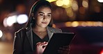 Happy, night and a woman with a tablet in the city for social media, communication or funny chat. Laughing, dark and a young girl typing on technology for conversation on an app or contact online
