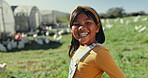 Child, laughing or girl on chicken farm for agriculture, farming or agro environment education. Smile, happy and funny Mexico kid with poultry animal birds for nature, meat and eggs industry learning