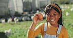 Child portrait, girl or chicken farm egg for agriculture, farming or agro environment education. Smile, face or Mexico kid with poultry animal produce in nature for meat and protein industry learning