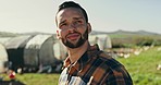 Chicken, farm and man in field thinking for inspection, animal health or sustainable farming. Agriculture ideas, countryside and person with livestock for agro business, protein and poultry industry