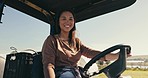 Farmer portrait, woman and tractor for agriculture transport, farming and field in sustainability Mexico environment. Harvest machinery, driver and worker on countryside or land production equipment