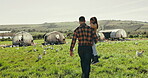 Father carry daughter on farm, agriculture and bonding, parents and child with back view, grass field and nature. Chicken, poultry farmer with man and girl have time together outdoor with livestock