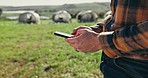 Farmer hands, person or phone in agriculture growth planning, harvest or sustainability research in field. Mobile technology, closeup or agro farm worker on communication app for ecology negotiation 