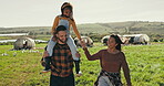 Family, walk on farm with agriculture and bonding, parents and child with back, nature and piggyback. Chicken, poultry farmer with man, woman and girl have time together outdoor with livestock