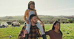 Family is walking on farm, agriculture and holding hands, parents and child with bonding, nature and piggyback. Chicken, poultry farmer with man, woman and girl together outdoor with livestock