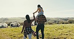 Family is walking on farm, agriculture and bonding, parents and child with back, sunshine and piggyback. Chicken, poultry farmer with man, woman and girl have time together outdoor with livestock