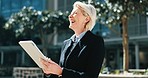 Tablet, funny woman and ceo in city on social media, internet search and communication. Urban technology, senior and business professional laughing at comedy, meme and manager reading email online
